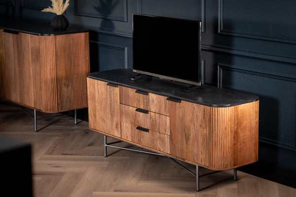 Portofino Mango Wood TV Unit with Black Mosaic Top Silver Legs and Three Drawers 150 cm