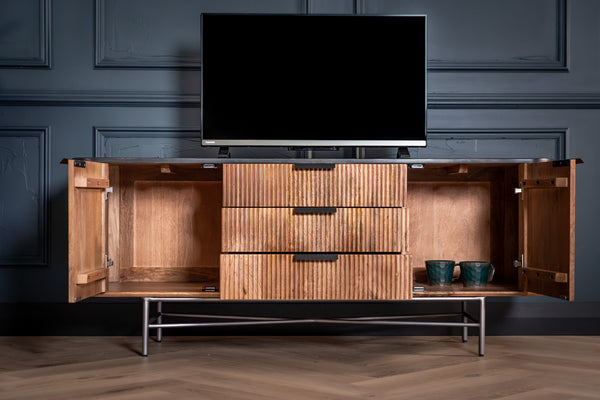 Portofino Mango Wood TV Unit with Black Mosaic Top Silver Legs and Three Drawers 150 cm