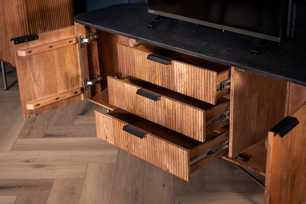 Portofino Mango Wood TV Unit with Black Mosaic Top Silver Legs and Three Drawers 150 cm