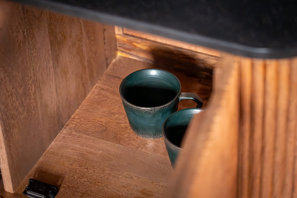 Portofino Mango Wood TV Unit with Black Mosaic Top Silver Legs and Three Drawers 150 cm