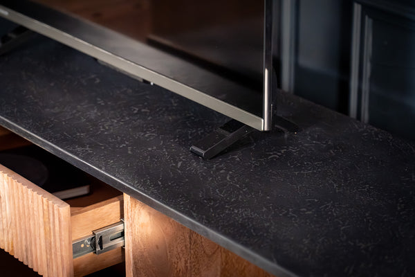 Portofino Mango Wood TV Unit with Black Mosaic Top Silver Legs and Three Drawers 150 cm