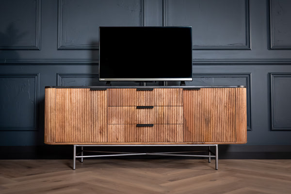 Portofino Mango Wood TV Unit with Black Mosaic Top Silver Legs and Three Drawers 150 cm