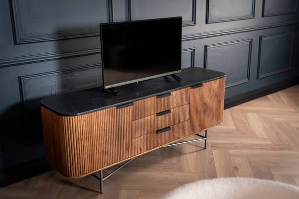 Portofino Mango Wood TV Unit with Black Mosaic Top Silver Legs and Three Drawers 150 cm