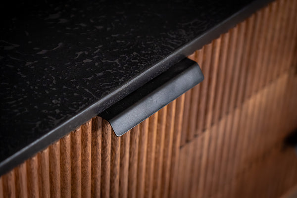 Portofino Mango Wood TV Unit with Black Mosaic Top Silver Legs and Three Drawers 150 cm