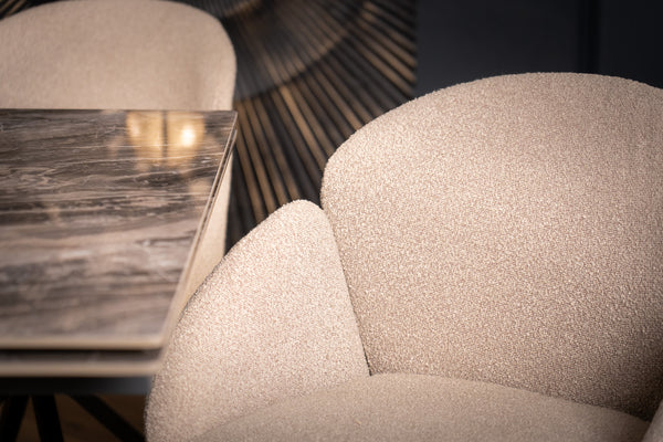 Glide Rotatable Design Beige Boucle Fabric Swivel Dining Chair with Rounded Edges