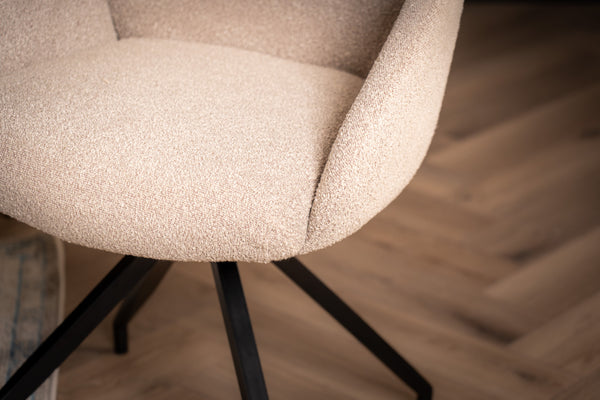 Glide Rotatable Design Beige Boucle Fabric Swivel Dining Chair with Rounded Edges