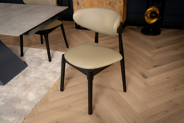Vita Wooden Dining Chair in Khaki Faux Leather Fabric and Black Wooden Legs