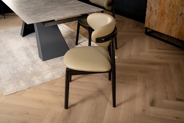 Vita Wooden Dining Chair in Khaki Faux Leather Fabric and Black Wooden Legs