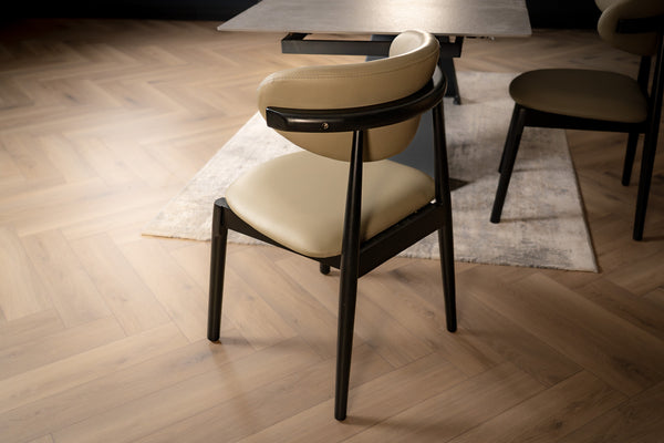 Vita Wooden Dining Chair in Khaki Faux Leather Fabric and Black Wooden Legs