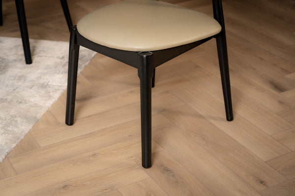 Vita Wooden Dining Chair in Khaki Faux Leather Fabric and Black Wooden Legs