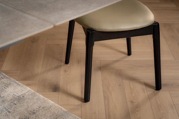 Vita Wooden Dining Chair in Khaki Faux Leather Fabric and Black Wooden Legs