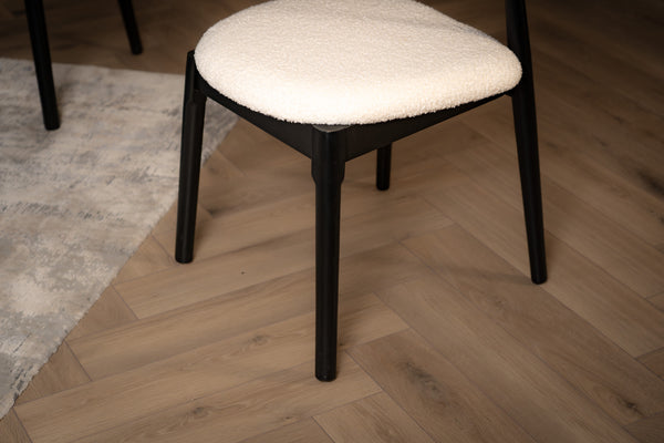 Vita Wooden Dining Chair in Boucle White Fabric and Black Wooden Legs