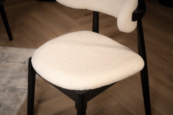 Vita Wooden Dining Chair in Boucle White Fabric and Black Wooden Legs
