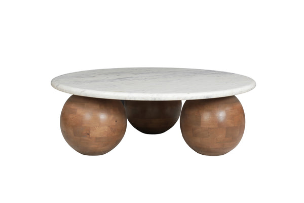 Solid Mango Wood Natural Banswara Marble White Round Coffee Table - Lorenzo Brown 100cm