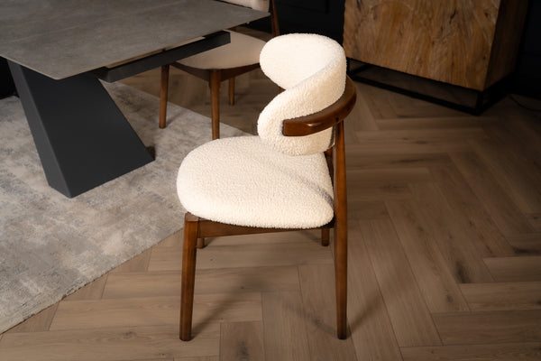 Vita Wooden Dining Chair in Boucle White Fabric and Brown Smoked Wood Legs