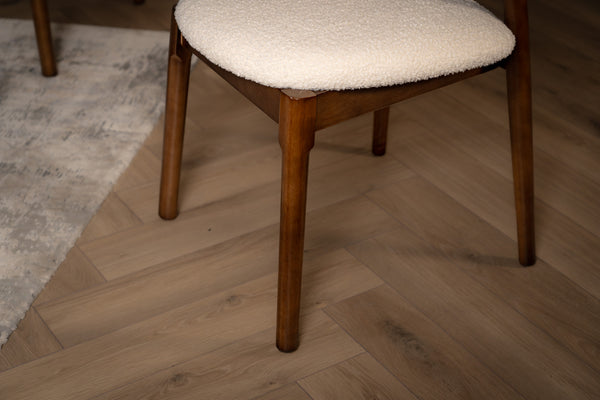 Vita Wooden Dining Chair in Boucle White Fabric and Brown Smoked Wood Legs