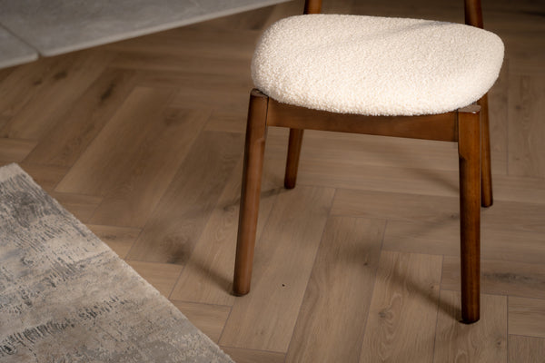 Vita Wooden Dining Chair in Boucle White Fabric and Brown Smoked Wood Legs