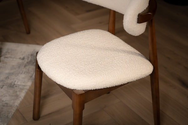Vita Wooden Dining Chair in Boucle White Fabric and Brown Smoked Wood Legs