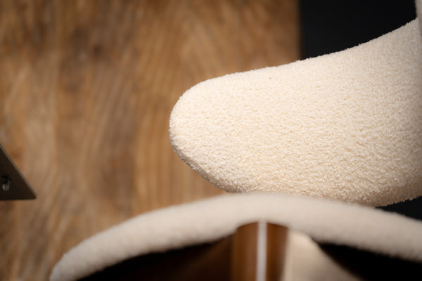 Vita Wooden Dining Chair in Boucle White Fabric and Brown Smoked Wood Legs