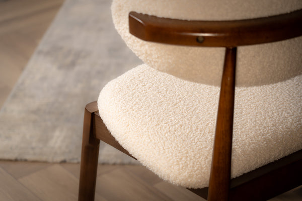 Vita Wooden Dining Chair in Boucle White Fabric and Brown Smoked Wood Legs