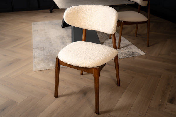 Vita Wooden Dining Chair in Boucle White Fabric and Brown Smoked Wood Legs