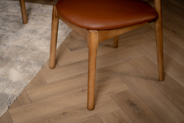 Vita Wooden Dining Chair in Brown Faux Leather Fabric and Brown Smoked Wood Legs