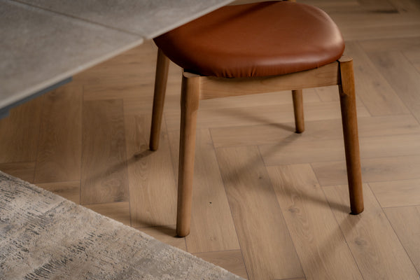 Vita Wooden Dining Chair in Brown Faux Leather Fabric and Brown Smoked Wood Legs