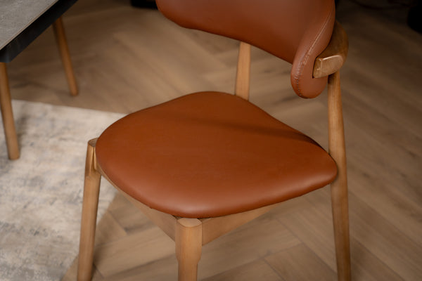 Vita Wooden Dining Chair in Brown Faux Leather Fabric and Brown Smoked Wood Legs