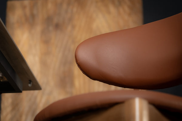 Vita Wooden Dining Chair in Brown Faux Leather Fabric and Brown Smoked Wood Legs