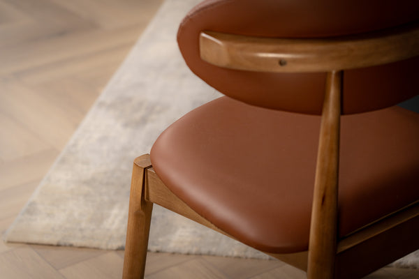 Vita Wooden Dining Chair in Brown Faux Leather Fabric and Brown Smoked Wood Legs