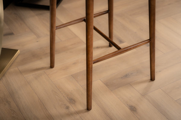 Vita Wooden Bar Stool Chair in Brown Faux Leather and Smoked Brown Wooden Legs