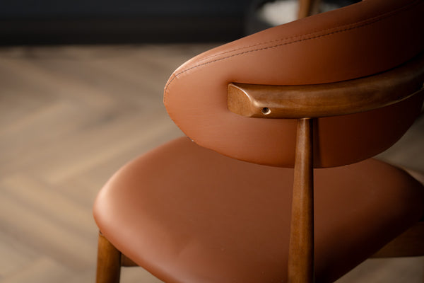 Vita Wooden Bar Stool Chair in Brown Faux Leather and Smoked Brown Wooden Legs