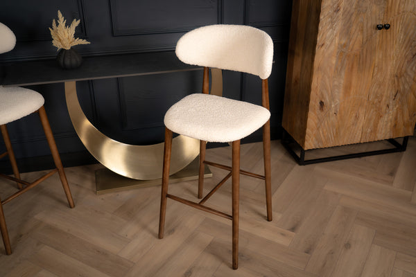 Vita Wooden Bar Stool Chair in Boucle White Fabric and Smoked Brown Wooden Legs