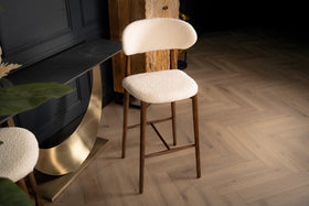 Vita Wooden Bar Stool Chair in Boucle White Fabric and Smoked Brown Wooden Legs