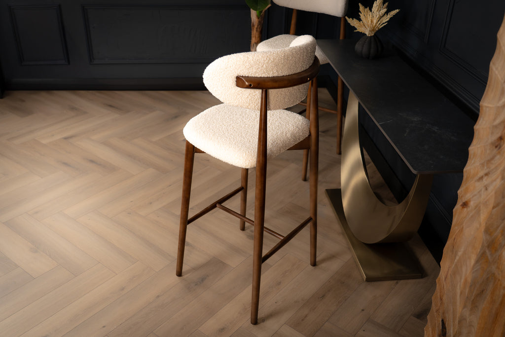 Vita Wooden Bar Stool Chair in Boucle White Fabric and Smoked