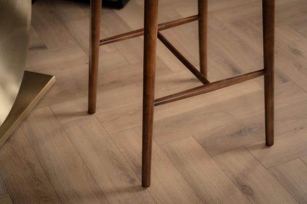 Vita Wooden Bar Stool Chair in Boucle White Fabric and Smoked Brown Wooden Legs