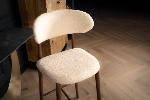 Vita Wooden Bar Stool Chair in Boucle White Fabric and Smoked Brown Wooden Legs