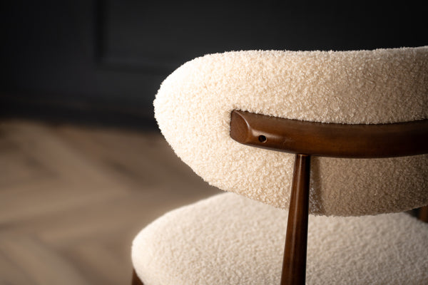 Vita Wooden Bar Stool Chair in Boucle White Fabric and Smoked Brown Wooden Legs