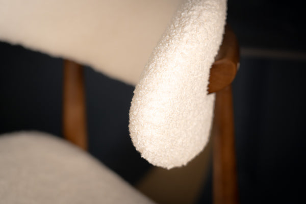 Vita Wooden Bar Stool Chair in Boucle White Fabric and Smoked Brown Wooden Legs