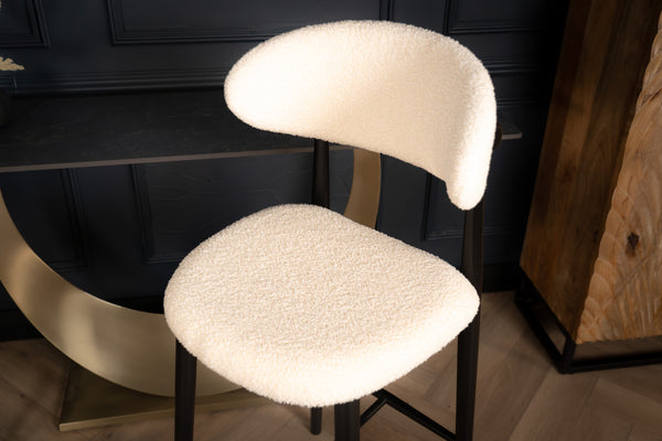 Vita Wooden Bar Stool Chair in Boucle White Fabric and Black Wooden Legs