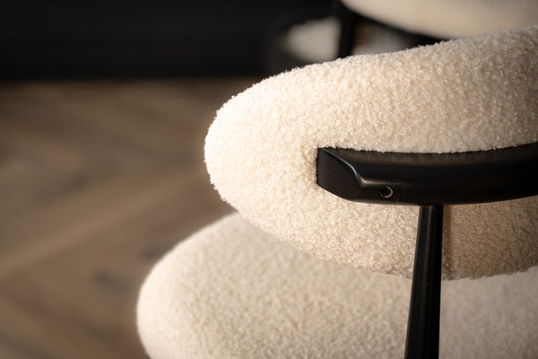 Vita Wooden Bar Stool Chair in Boucle White Fabric and Black Wooden Legs