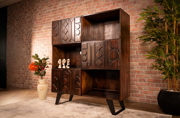 Cherokee Solid Mango Wood Highboard Cabinet with Oriental 3D Pattern 140 cm