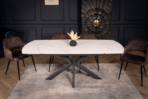 Integri Italian Sintered Stone Rotating Extendable Dining Table in White Marble Look 140-200 cm