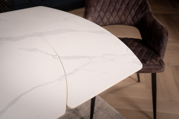 Integri Italian Sintered Stone Rotating Extendable Dining Table in White Marble Look 140-200 cm