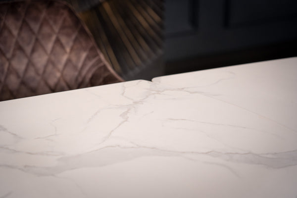 Integri Italian Sintered Stone Rotating Extendable Dining Table in White Marble Look 140-200 cm