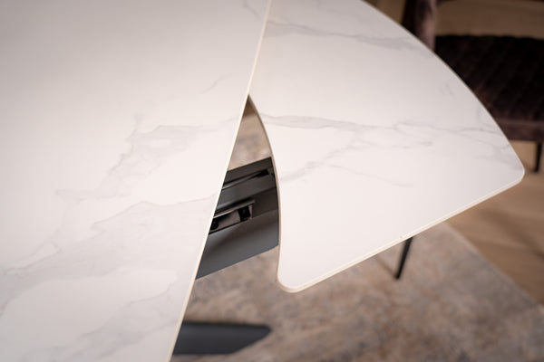 Integri Italian Sintered Stone Rotating Extendable Dining Table in White Marble Look 140-200 cm