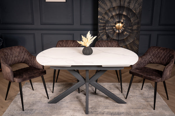 Integri Italian Sintered Stone Rotating Extendable Dining Table in White Marble Look 140-200 cm