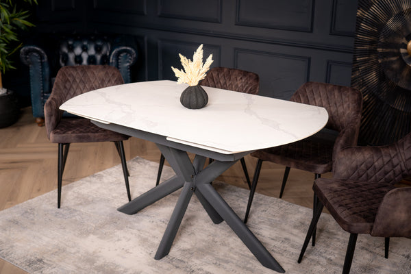 Integri Italian Sintered Stone Rotating Extendable Dining Table in White Marble Look 140-200 cm