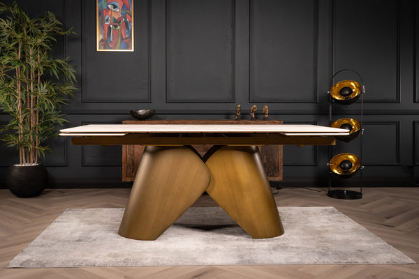 Nemesis Extendable Italian Sintered Stone Dining Table in White Concrete Gold Marble Look 180-220-260 cm