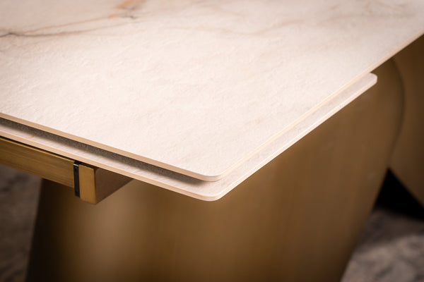 Nemesis Extendable Italian Sintered Stone Dining Table in White Concrete Gold Marble Look 180-220-260 cm